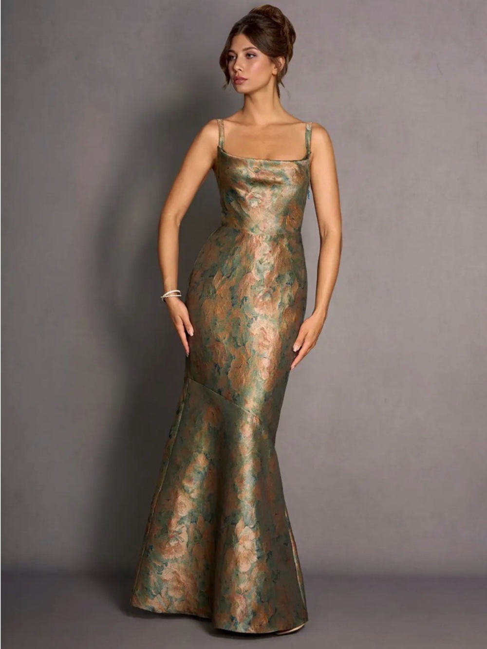 Azazie Olive and Gold Floral Brocade Maxi Dress